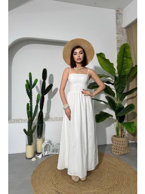 Caddebostan Moda Ip Askılı Fisto Işlemeli Yazlık Midi Elbise Şık Günlük Askılı Elbise