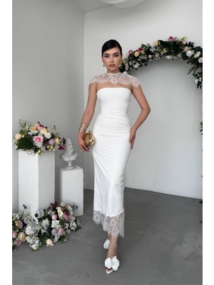 Caddebostan Moda Dantel Detaylı Omuz Pelerinli Straplez Midi Elbise, Abiye Gece Elbisesi