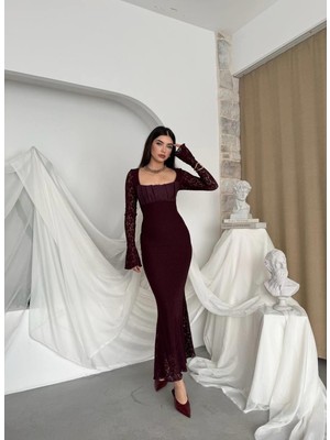 Caddebostan Moda Kare Yaka Uzun Kollu Dantelli Midi Elbise Şık Abiye