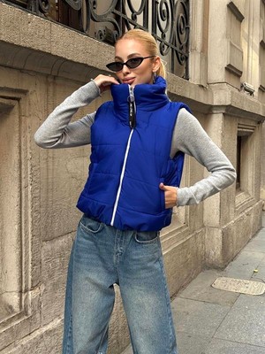 Veraura Lifestyle Saks Mavi Sırtı Taş Işlemeli Dik Yaka Kısa Şişme Yelek