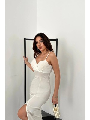 Caddebostan Moda Kadın Ip Askılı Yırtmaçlı Kadife Elbise Gece Elbisesi