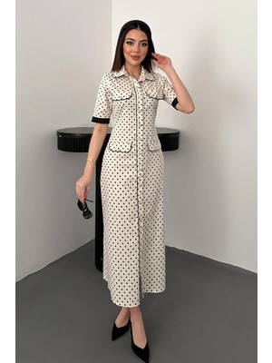 Caddebostan Moda Düğmeli, Cepli, Puantiyeli Gömlek Yaka Midi Elbise