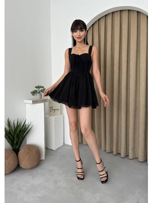 Caddebostan Moda Korse Detaylı Dantel Işlemeli Arkası Bağlamalı Mini Şık Elbise