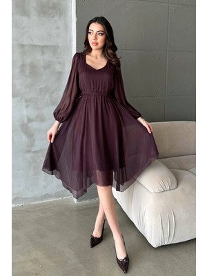Caddebostan Moda Işıltılı V Yaka Uzun Kollu Şifon Görünümlü Asimetrik Kesim Midi Elbise