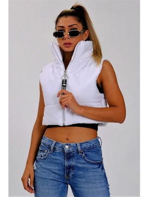 Veraura Lifestyle Beyaz Dik Yaka Kısa Şişme Yelek
