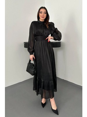 Caddebostan Moda Bel Büzgülü Hakim Yaka Uzun Kollu Şık Abiye Elbise