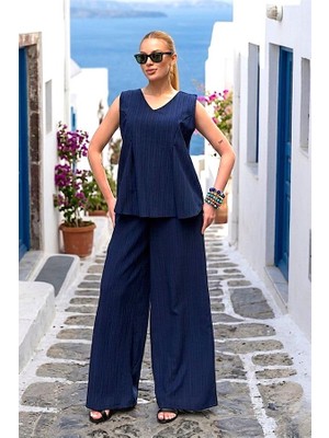 Veraura Lifestyle Lacivert V Yaka Kolsuz Pantolon Bluz Ikili Takım