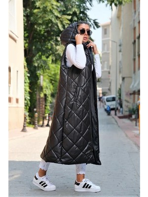 Veraura Lifestyle Siyah Kapüşonlu Cepli Baklava Desen Uzun Şişme Yelek