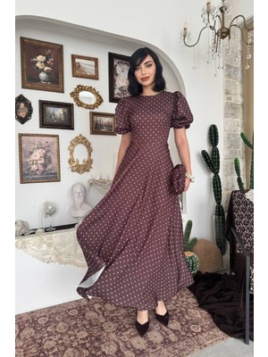 Caddebostan Moda Puantiye Desenli Balon Kol Midi Elbise Vintage Tasarım Şık Yazlık Elbise