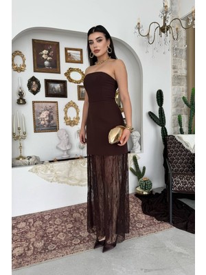 Caddebostan Moda Kadın Straplez Dantel Detaylı Midi Abiye Elbise