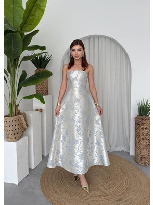 Caddebostan Moda Straplez Yaka Çiçek Desenli Jakarlı Midi Abiye Elbise Mezuniyet Düğün Nişan Elbisesi
