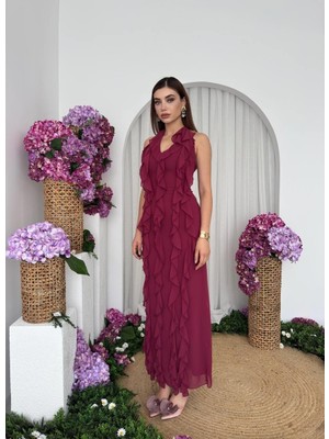 Caddebostan Moda Kadın V Yaka Kolsuz Şifon Görünümlü Fırfırlı Uzun Abiye Elbise Davet Şık Elbise