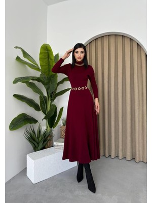 Caddebostan Moda Boğazlı Uzun Kollu Midi Elbise Triko Kışlık Tesettür Günlük Elbise