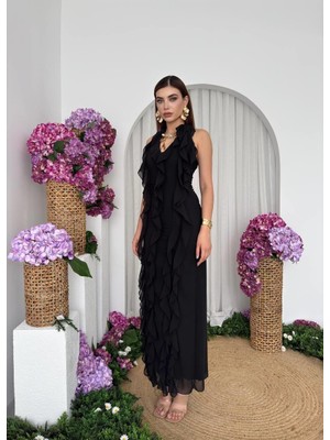 Caddebostan Moda Kadın V Yaka Kolsuz Şifon Görünümlü Fırfırlı Uzun Abiye Elbise Davet Şık Elbise