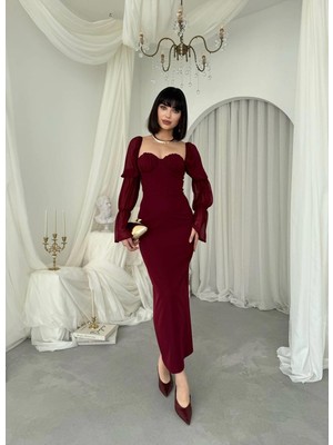 Caddebostan Moda Kare Yaka Şifon Kollu Midi Elbise, Abiye Kokteyl Elbisesi