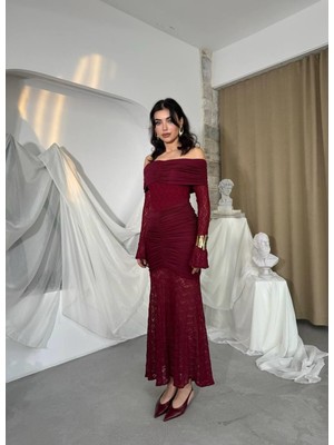 Caddebostan Moda Dantel Detaylı Straplez Uzun Kollu Abiye Elbise
