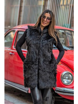 Veraura Lifestyle Siyah Arkası Deri Detaylı Cepli Uzun Suni Kürk Yelek