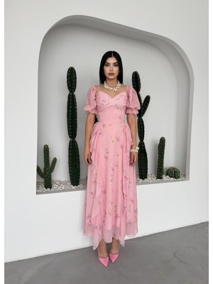 Caddebostan Moda Çiçekli Desenli Kruvaze Yaka Fırfırlı Şifon Midi Elbise