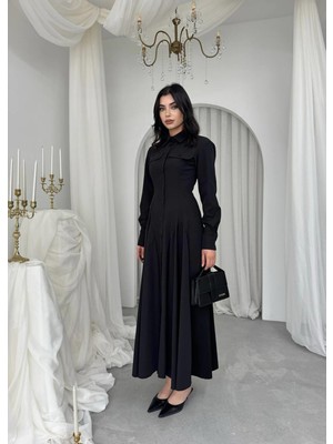 Caddebostan Moda Düğme Detaylı Gömlek Yaka Uzun Kollu Midi Elbise