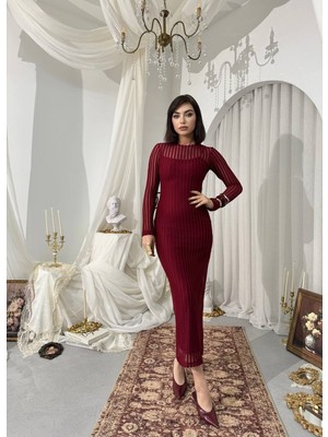 Caddebostan Moda Kadın Uzun Kollu Çizgili Desenli Esnek Kruvaze Yaka Şık Midi Elbise