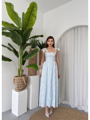 Caddebostan Moda Omuz Bağlamalı Çiçekli Askılı Midi Elbise Şık Yazlık Elbise