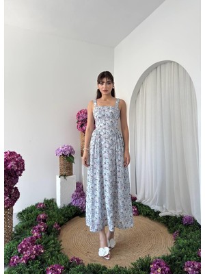 Caddebostan Moda Askı Detaylı Büzgülü Elbise Kare Yaka Çiçek Desenli Midi Elbise