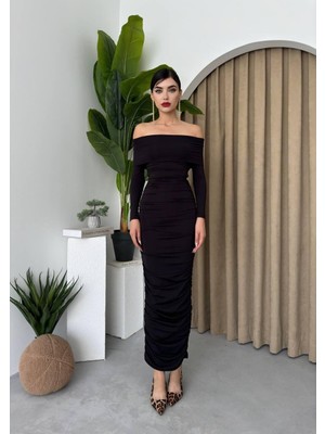 Caddebostan Moda Kadın Ispanyol Kol Drapeli Esnek Vücut Saran Uzun Abiye Elbise