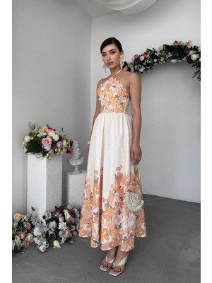 Caddebostan Moda Çiçek Desenli Boyun Bağlamalı Midi Elbise Şık Yazlık Elbise