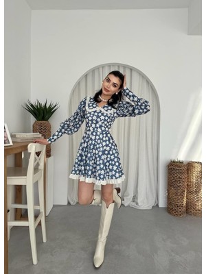 Caddebostan Moda Papatya Desenli Bebek Yakalı Uzun Kollu Fırfırlı Mini Elbise
