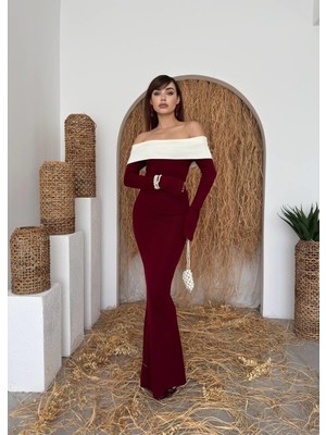 Caddebostan Moda Kadın Ispanyol Kol Detaylı Straplez Uzun Triko Elbise Gece Elbisesi