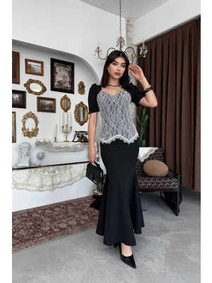 Caddebostan Moda Dantel Detaylı Balık Kesim Midi Elbise Şık Abiye Elbise