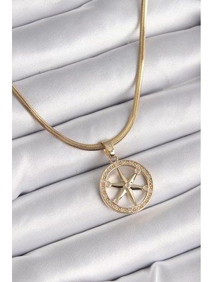 Belirtilmemiş 316L Çelik Gold Renk Italyan Zincir Zirkon Taşlı Kutup Yıldız Model Kadın Kolye - TJ-BKO9595