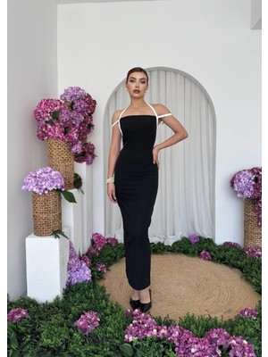 Caddebostan Moda Sırt Dekolteli Askılı Midi Elbise Şık Abiye Gece Elbisesi