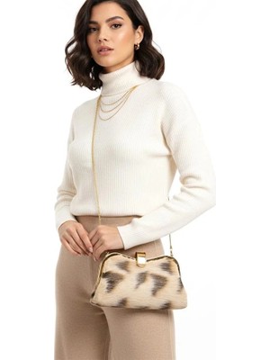 Veraura Lifestyle Bej Desenli Suni Kürk Zincirli El ve Omuz Clutch Portföy Çanta
