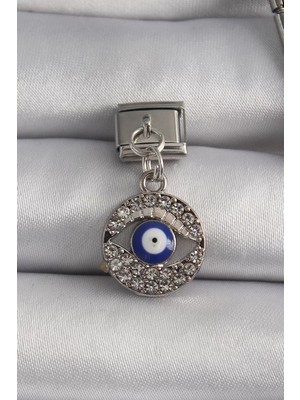 Belirtilmemiş 316L Çelik Gümüş Renk Sallantı Zirkon Taşlı Göz Model Nazar Boncuk Detay Nomination Charm - TJ-BC11