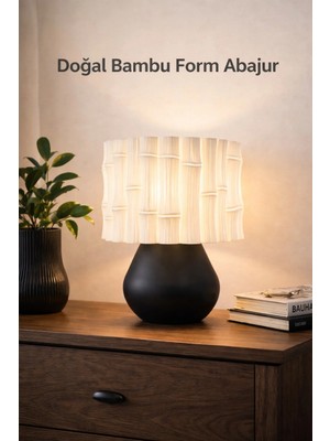Doğal Bambu Form Abajur 24X24 cm 3D Pla Minimal Şık Dekoratif Gece Lambası