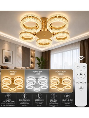 Marsel Lighting Alya 5li Gold Plafonyer 3 Renk LED Isıklı Kumandalı Salon Oturma Odası Avize