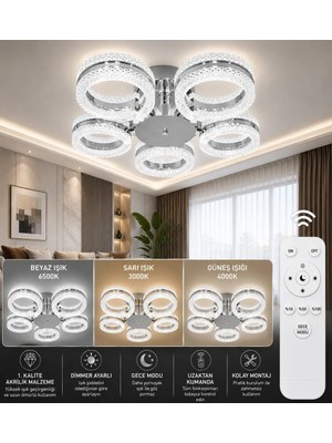 Marsel Lighting Alya 5'li Gold Plafonyer Akrilik Malzemeli Şık Tasarım 3 Renk LED Işıklı Krom Renk Kumandalı