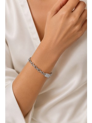 Balenbi Jewelry Kadın Taşlı Oval Halka Detaylı Gümüş Renk Kararmaz Çelik Zincir Bileklik 1096