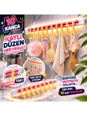 Eşya Dünyası 10 Kancalı Raylı Askı 30 cm Yapışkanlı Mutfak Banyo Dolap Içi Düzenleyici Çok Amaçlı Kaydırılabilir Askılık