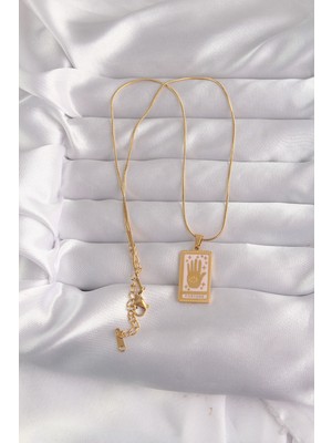 TKÇ 316L Çelik Gold Renk Pembe Mineli El Figür Tarot Kolye 5886