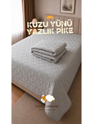 Yüncü Hanım %100 Kuzu Yünü Dolgulu Gri Renkli Pamuk Kumaş Battal Ebat Kapitone Desenli Mevsimlik Pike 220 x 240 cm