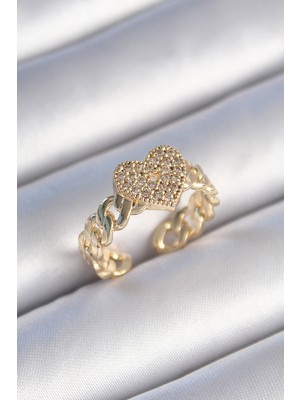 TKÇ Pirinç Gold Renk Zincir Kordon Zirkon Taşlı Kalp Model Kadın Yüzük 5886