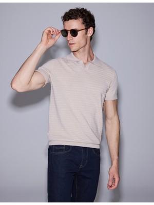 Pierre Cardin Erkek Bej Slim Fit Keten Karışmlı Apaş Yaka Triko Tişört 50320799-VR011