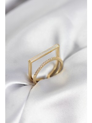 TKÇ Gold Renk Sedefli Zirkon Taşlı 2'li Kadın Yüzük 5886