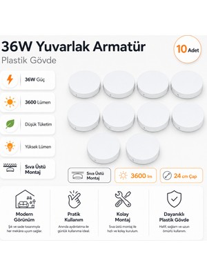 Kondel Aydınlatma 10 Adet Horoz 36W Yuvarlak LED Armatür 24 cm Sıva Üstü Beyaz Işık 3600 Lümen Plastik Gövde