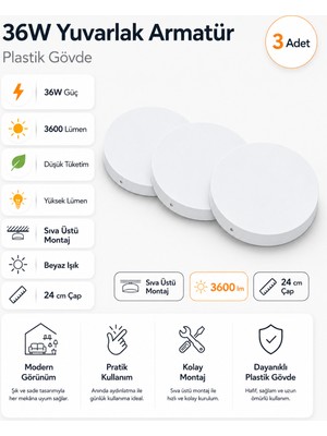 Kondel Aydınlatma 3 Adet Horoz 36W Yuvarlak LED Armatür 24 cm Sıva Üstü Beyaz Işık 3600 Lümen Plastik Gövde