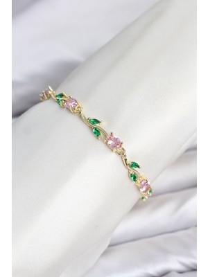 Aycer Pirinç Gold Renk Pembe Zirkon Taşlı Çiçek Model Kadın Bileklik - Lisinya