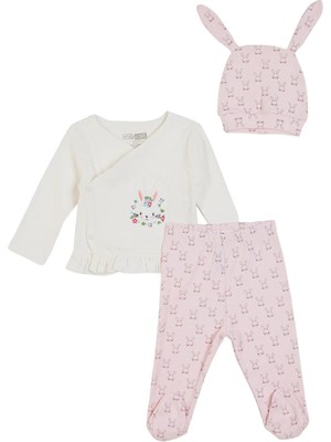 Hellobaby Kız Bebek Zıbın-Şapka-Alt Çiçek Baskılı V Yaka Uzun Kol Patikli