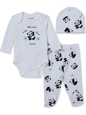 Hellobaby Erkek Bebek Body-Alt-Şapka Panda Baskılı Çıtçıtlı Bisiklet Yaka Long Sleeve Patikli